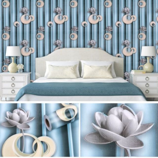 Decal giấy dán tường hoa sen sọc xanh khổ rộng 45cm, giá bán 1m dài