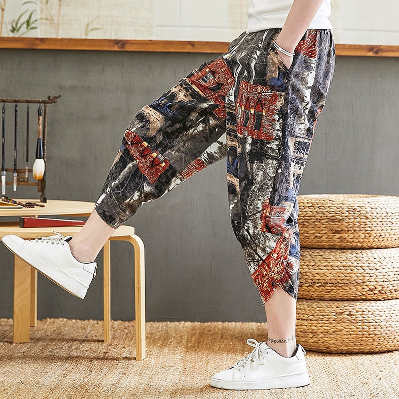 Quần Harem Cotton Lanh Ống Rộng Phong Cách Thời Trang Hàn Quốc Cho Nam Giới