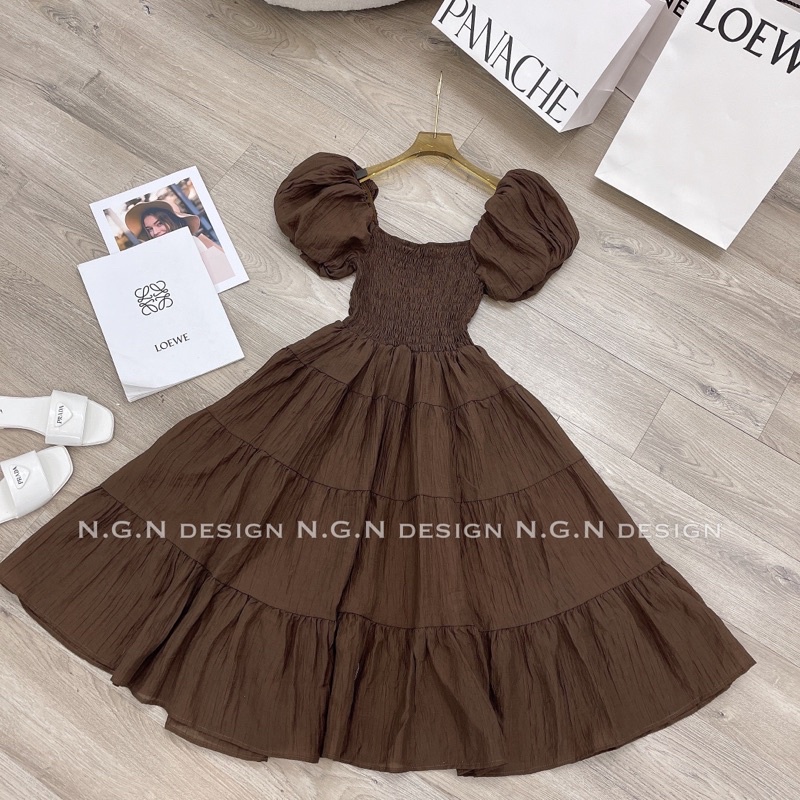 Váy maxi chun ngực tay bồng