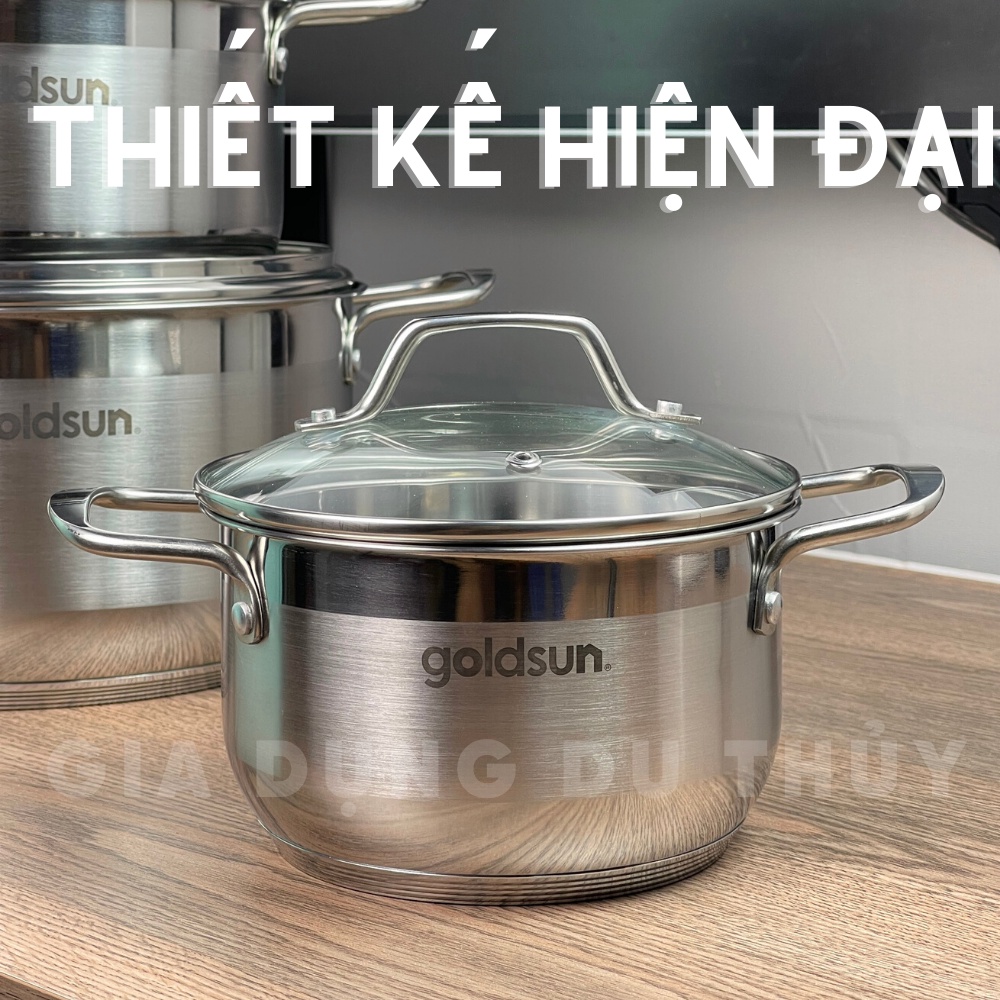 Bộ nồi inox đáy từ Goldsun chính hãng, nồi 5 đáy dày dặn, nắp kính trong suốt, chất liệu inox 430 an toàn cho sức khỏe