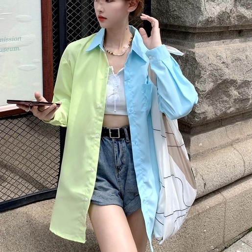 Áo Sơ Mi Chống Nắng Tay Dài Dáng Rộng Phong Cách Preppy Dễ Phối Đồ