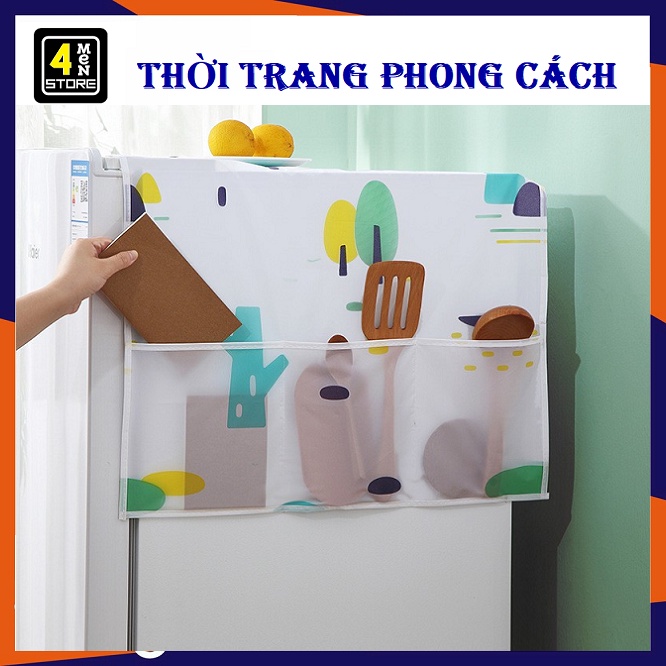 Tấm phủ tủ lạnh nhựa PEVA có ngăn chứa đồ tiện lợi chống thấm, chống bụi / Khăn Phủ Tủ Lạnh Decor Dầy Dặn Chống Ẩm