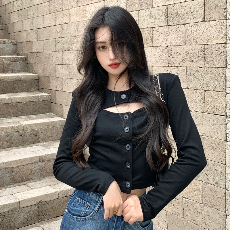 Áo mùa thu khoét rỗng cẩn thận máy giảm béo gầy hot girl thiết kế ý nghĩa áo thun dài tay