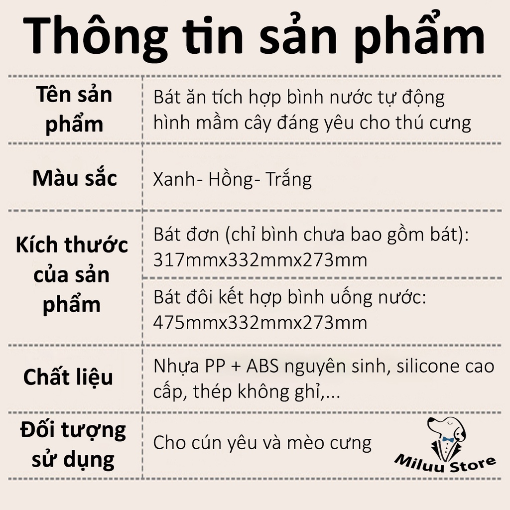 Bát Ăn Bình Cấp Nước Tự Động Cho Chó Mèo -Bát Ăn Cấp Nước Tự Động Cho Chó Mèo Dung Tích Lớn Mầm Cây Miluu Store (PKW027)