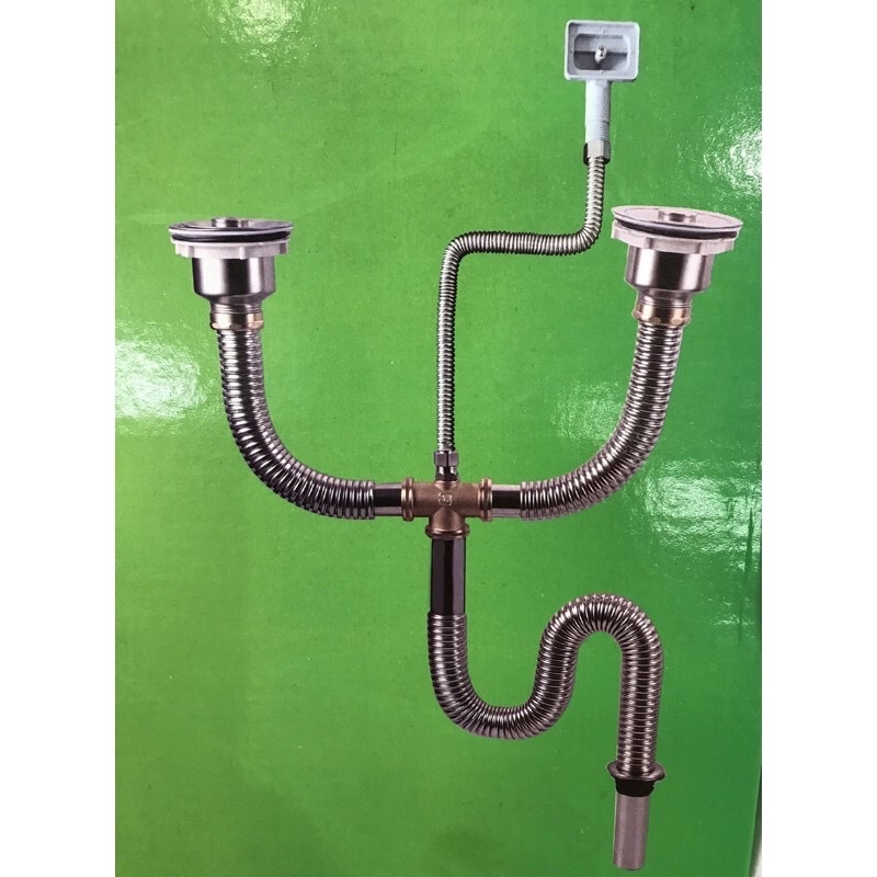 Bộ xả chậu rửa chén đôi ống inox và co đồng - hàng dày dặn không lo chuột cắn, chất tẩy rửa