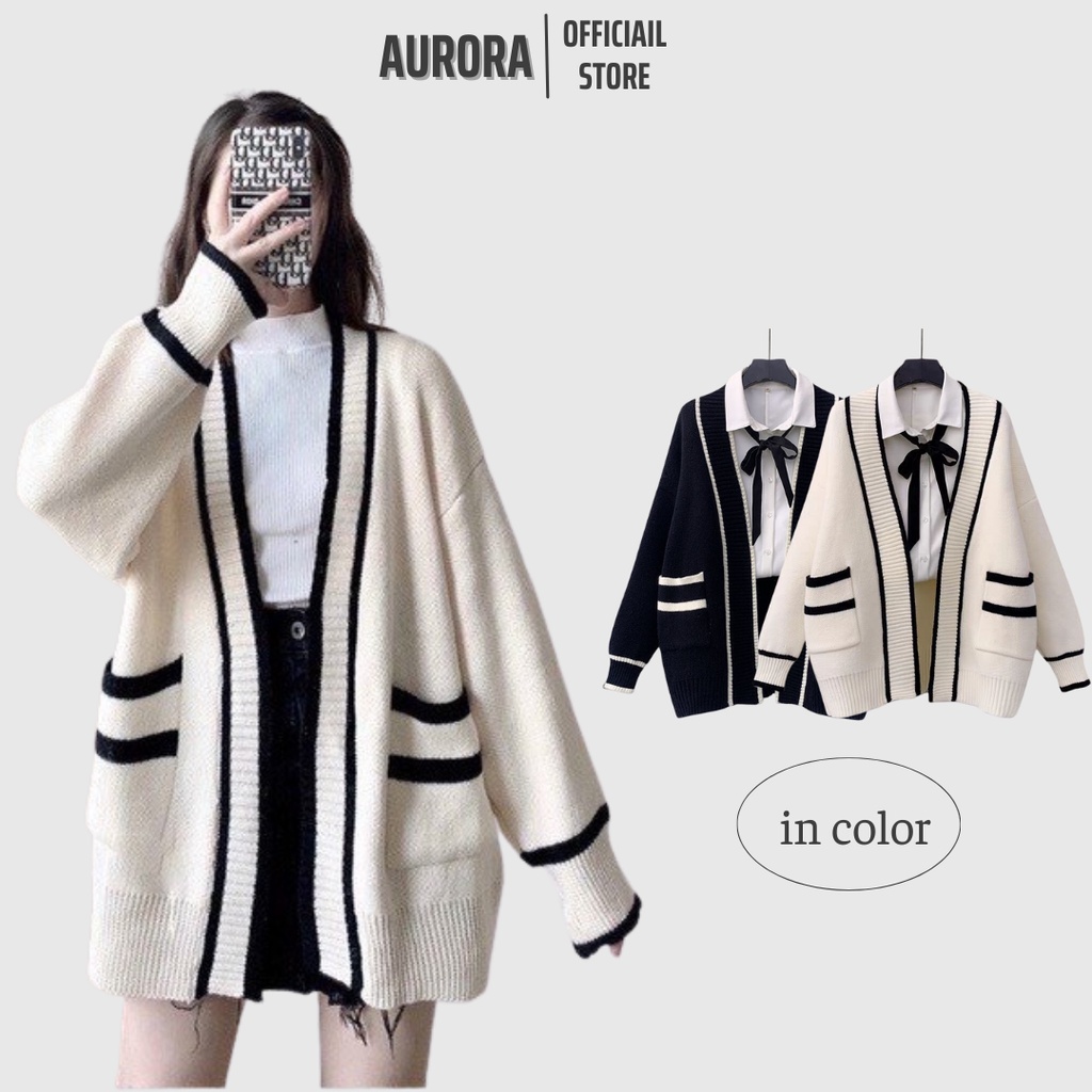 Áo cadigan len nữ form rộng Ulzzang thiết kế viền đen trắng Quảng Châu loại 1