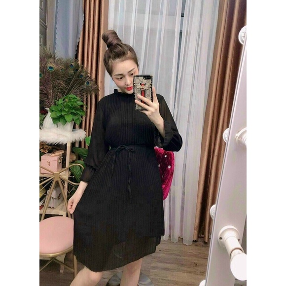 Đầm dập ly dáng suông tay dài cột eo siêu cưng -hình thật.