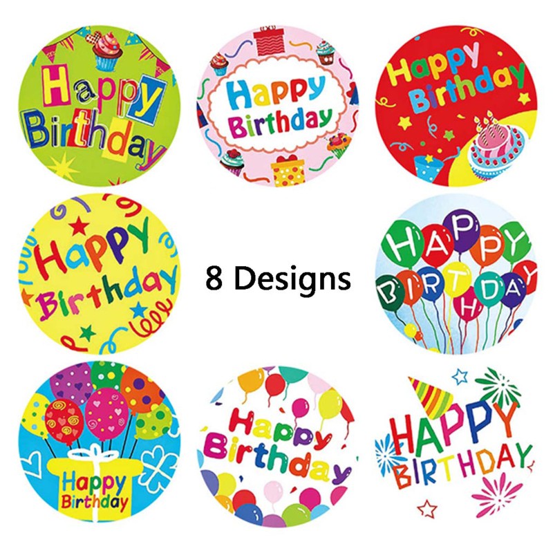 （good） 1 Roll 8 Styles Happy Birthday Round Stickers Party Gift Packaging Seal Labels