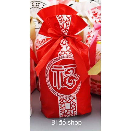 Túi 15,5cm*23cm - Set 10 Túi RÚT NƠ LỜI CHÚC PHÚC màu đỏ đựng bánh quy, qui, kẹo nougat