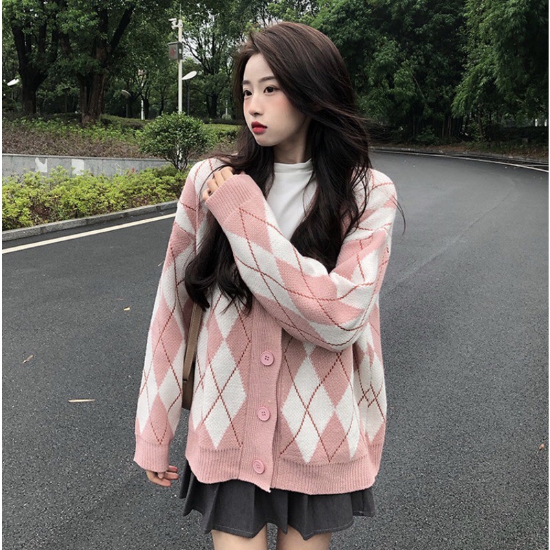 Áo Khoác Cardigan Nữ Họa Tiết Kim Cương Phong Cách Hàn Quốc