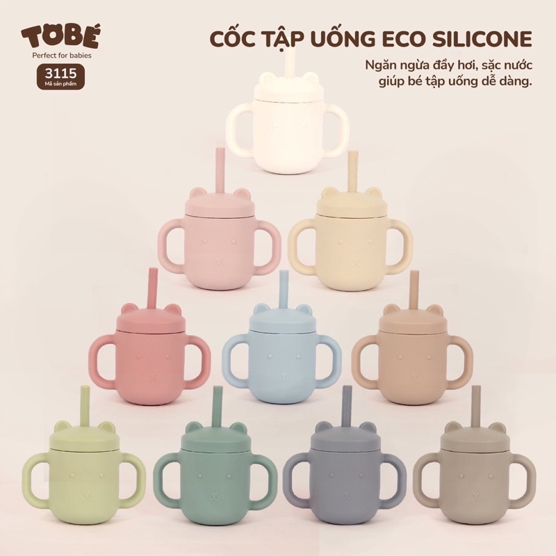 Cốc tập uống Silicone Tobé nhiều màu kèm ống hút cho bé
