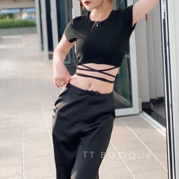 Áo thun croptop cộc tay nữ buộc dây eo sexy - Áo croptop phông thiết kế dây buộc eo điệu đà Ulzzang C85