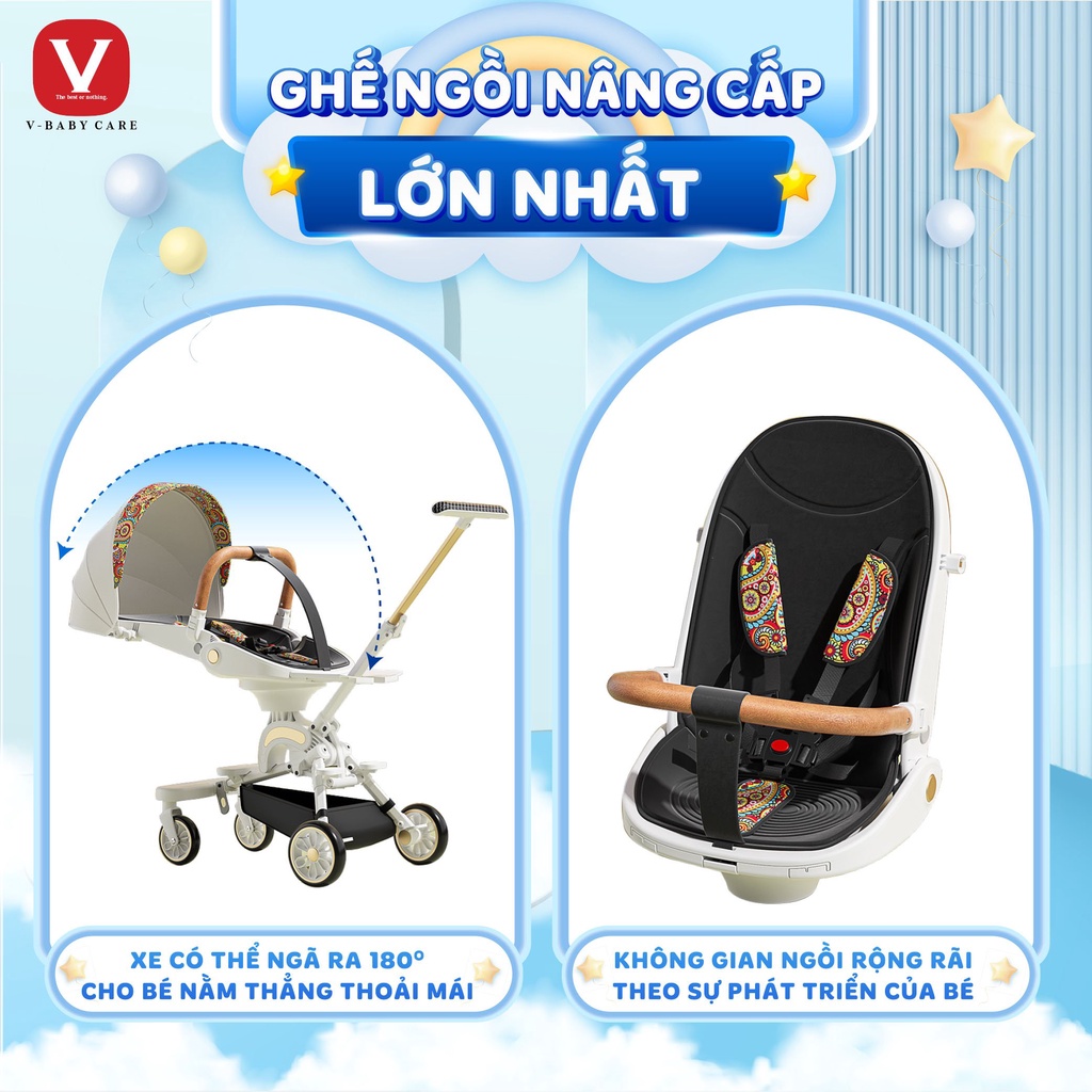 Xe đẩy 2 chiều gấp gọn cao cấp V - BABY IX9 – Hàng chính hãng – Bảo hành 2 năm ( Tặng kèm khay ăn)