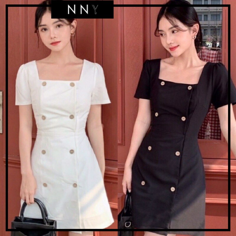 Váy cổ vuông tay ngắn cổ điển cho phái nữ. Hai màu đen/trắng lựa chọn - V065