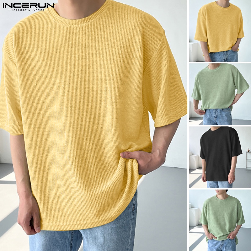 Áo thun INCERUN tay ngắn dáng rộng màu trơn 3 màu sắc lựa chọn thời trang mùa hè cho nam giớ