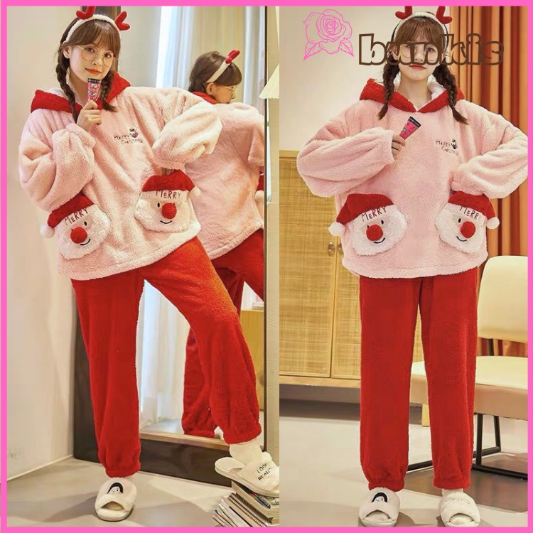 Bộ Ngủ Lông Nữ Mặc Mùa Đông, Thêu Hình Ông Già Noel Siêu CuTe, Chất Lông Dày Ấm Có Kèm Mũ Đội