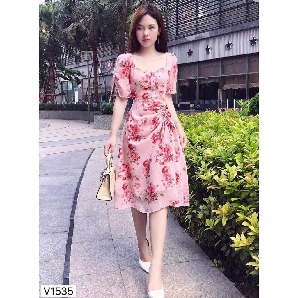 Đầm xoè hoa tay phồng rút dây siêu xinh