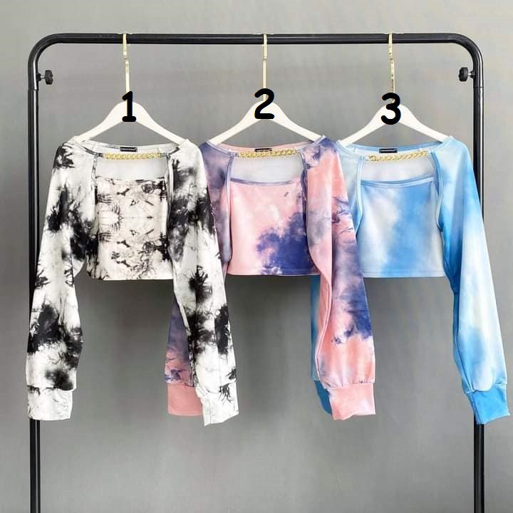 Set croptop tay dài nối khoen + croptop 2 dây loang màu tie dye cryaotic10