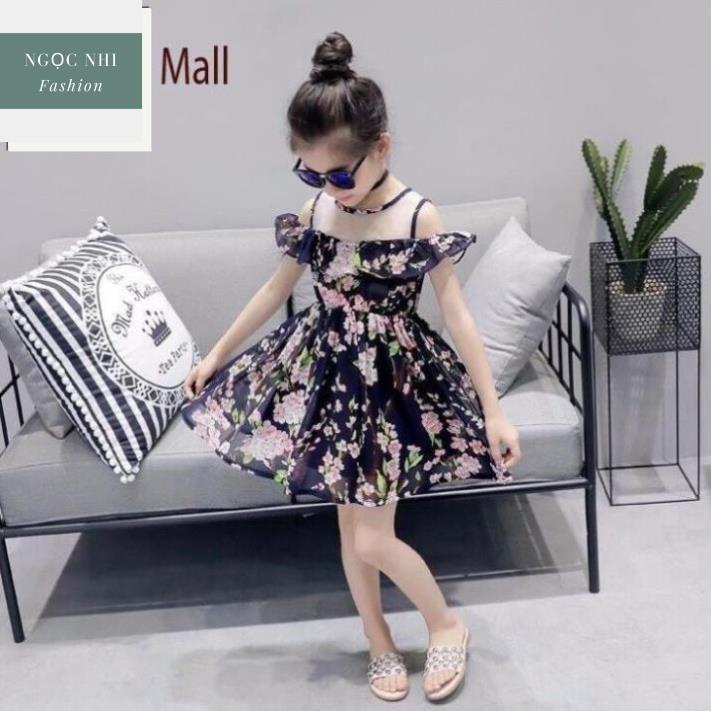 [HOT] Váy đầm maxi bé gái in hoa, may phối voan lưới hở vai xinh xắn - Thời trang trẻ em - Ngọc Nhi