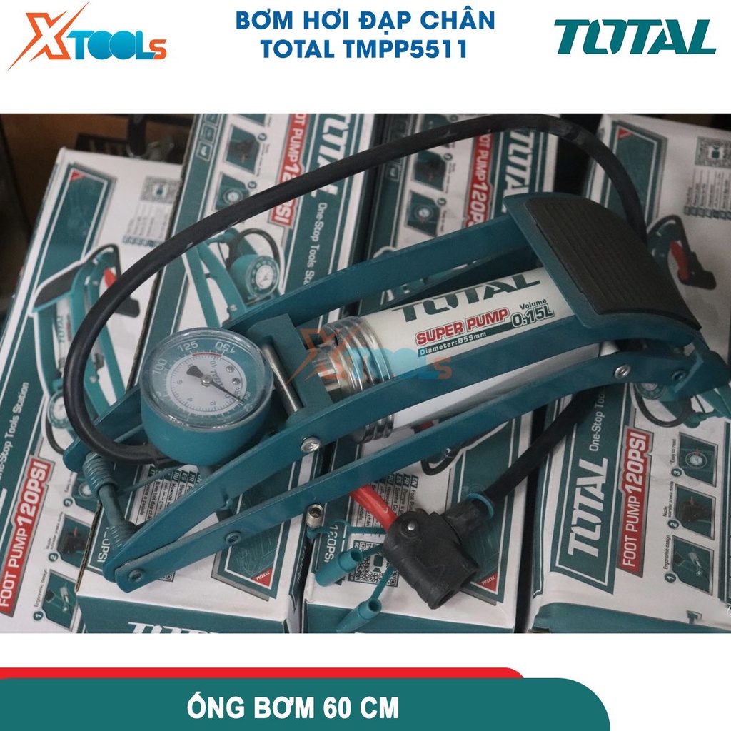 Bơm hơi đạp chân TOTAL TMPP5511, kích thước φ55 * 120mm, ống bền áp suất cao, đầu phù hợp với Schrader, Presta, Dunlop