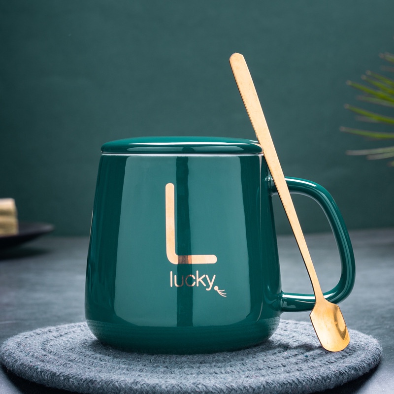 Ly cốc sứ uống trà cafe có nắp Lucky XANH NGỌC kèm đế hâm nóng tự động
