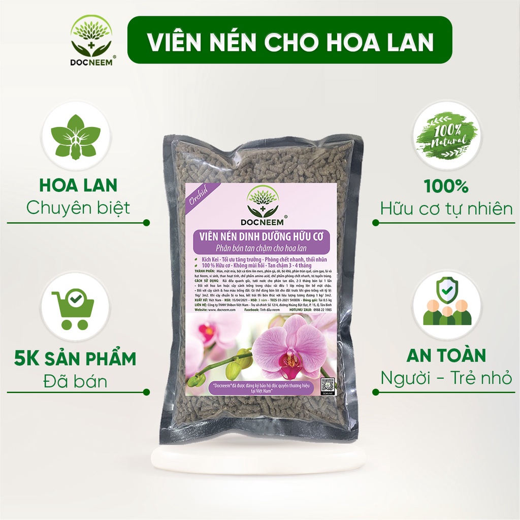 Phân bón cho hoa lan DOCNEEM tan chậm, viên nén dinh dưỡng hữu cơ vi sinh ben 01 cho hoa lan, túi 0.5 kg, chính hãng