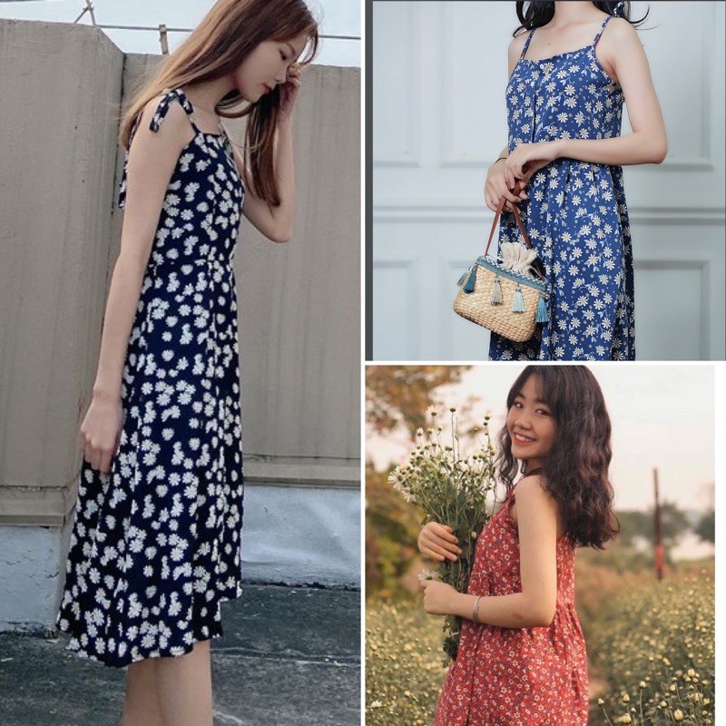 Đầm Hoa Nhí 2 Dây, Váy Voan Hai Dây Hoa Nhí Dáng Dài, thiết kế vintage Hàn Quốc, màu đỏ, xanh, đen SANMAY VD004