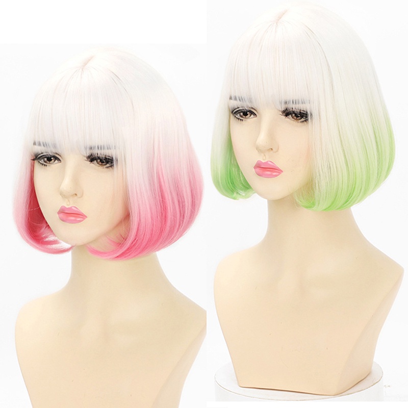 Bộ tóc giả ngắn mái ngang Wigsin nhuộm màu ombre xanh lá/ hồng/ đỏ tự nhiên phong cách Lolita cho nữ