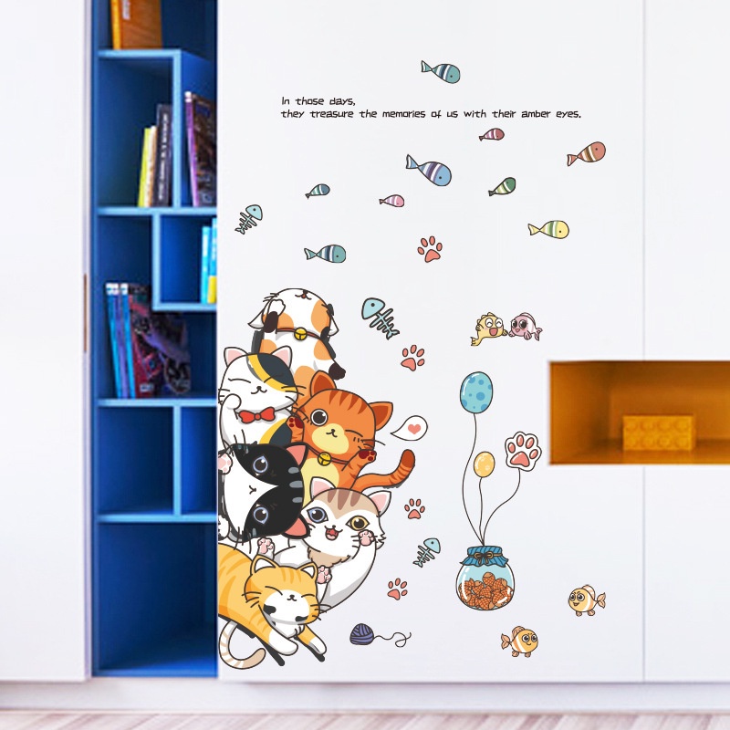 Tranh decal dán tường trang trí decor phòng khách MÈO CÁ CẢNH siêu đáng yêu - Decal dán tường phòng khách️