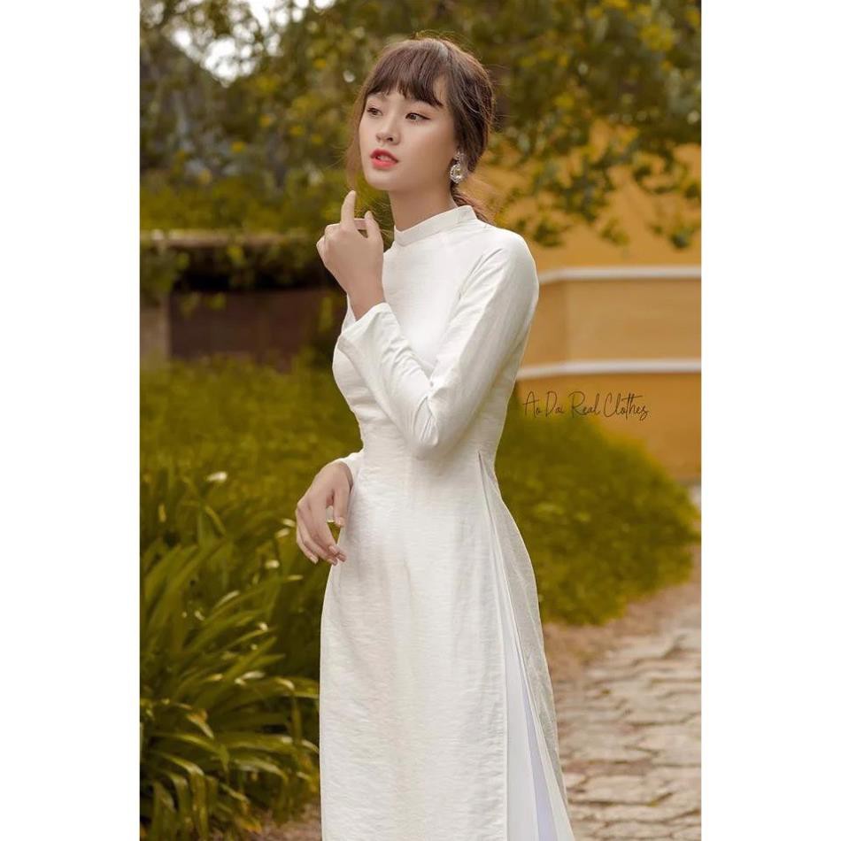 Áo dài đẹp truyền thống 4 tà may sẵn vải lụa tây thi trắng cao cấp
