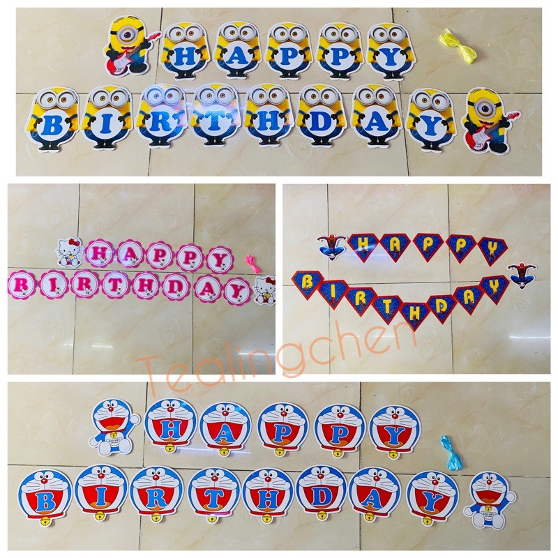 DÂY HAPPY BIRTHDAY GIẤY TRANG TRÍ SINH NHẬT CHO BÉ NHIỀU CHỦ ĐỀ ĐÔ RÊ MON, HELLO KITTY, SIÊU NHÂN, MINION