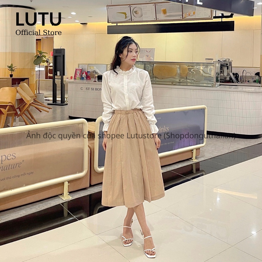 Set Áo Sơ Mi Trắng Cổ Bèo Phối Chân Váy Nâu Tây Phong Cách Retro
