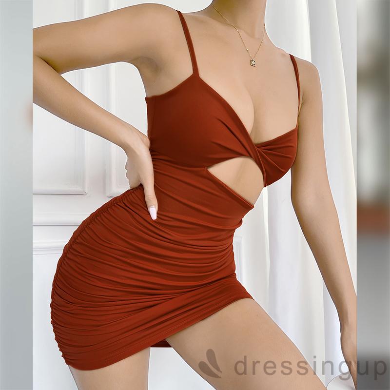 DRE-Women Sleeveless Hollow-Out Dress, Solid Color Spaghetti Strap Ruched Bodycon Dress