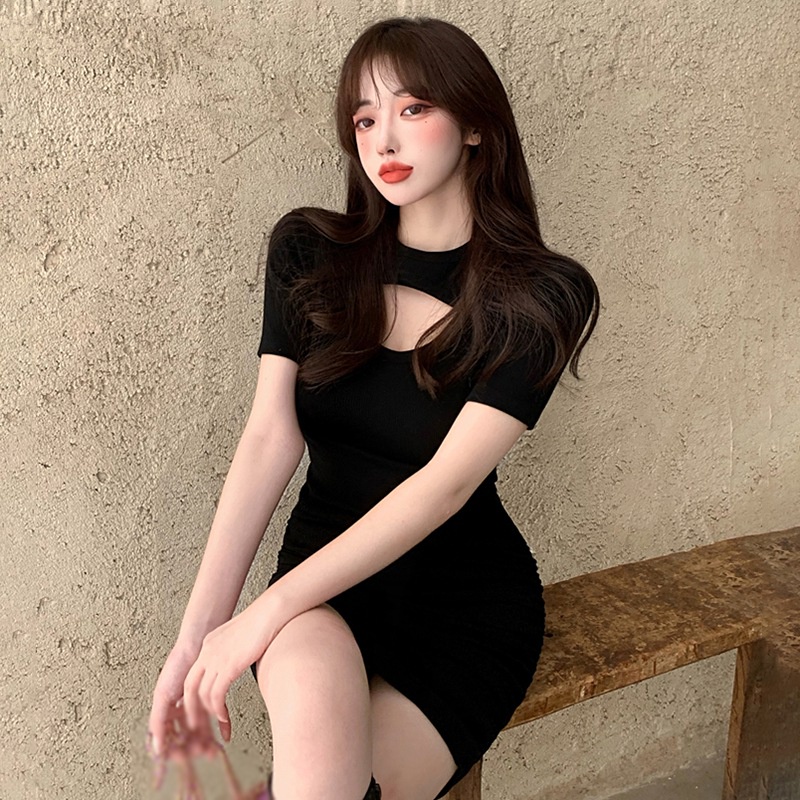 Đầm Tay Ngắn Màu Sắc Đơn Giản Phong Cách Hàn Quốc Cho Nữ