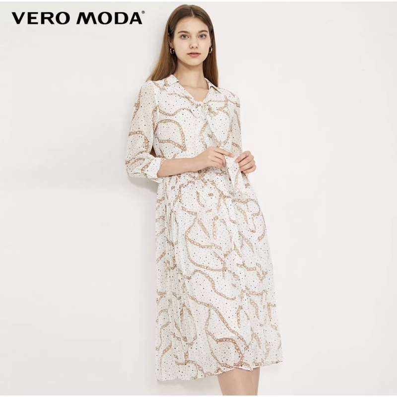 Vero Moda đầm midi cao cấp xếp ly in hình retro cổ điển chất voan cực đẹp bao xịn sò luôn ạ size XS new tag