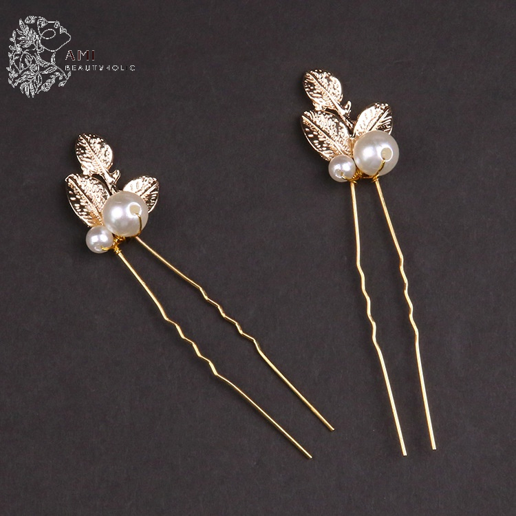 N03_Hoa Cài Tóc Cô Dâu 3 Chiếc Lá Kết Hạt Trai, Trang Điểm Cô Dâu, Make Up Tiệc, Phụ Kiện Cưới và Trang Điểm