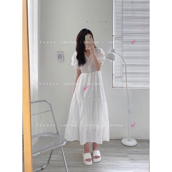 Váy thô thêu hoa dáng dài tay cộc cổ v Váy xoè xinh xắn