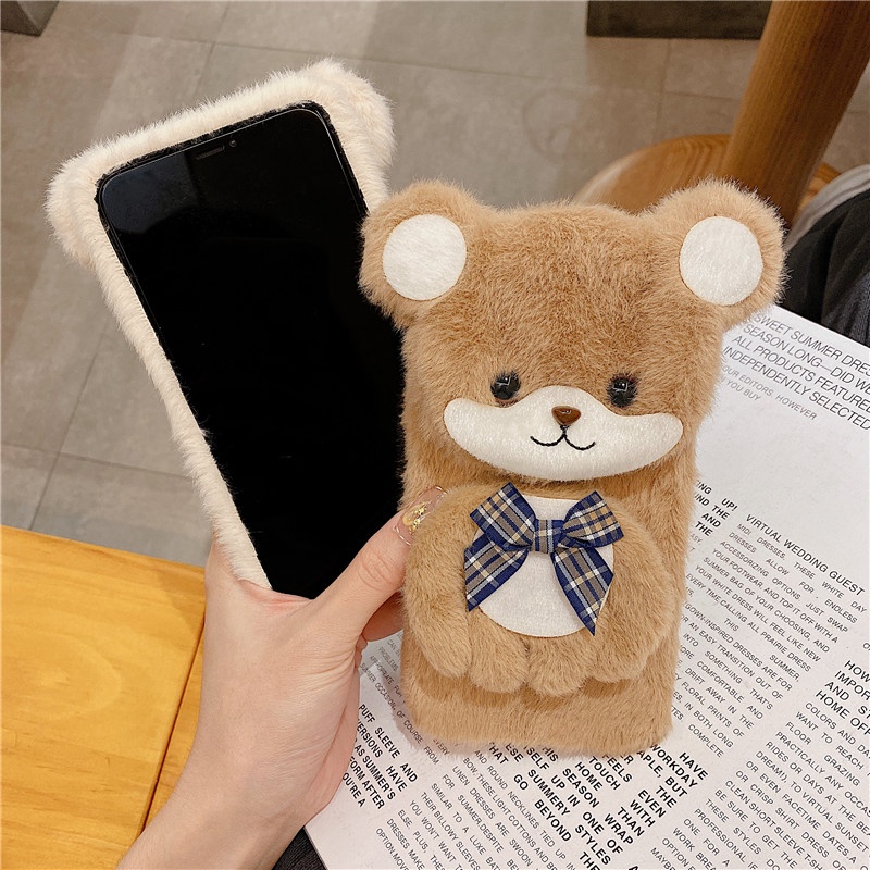 Ốp Điện Thoại Dẻo Phủ Lông Hình Gấu 3D Kèm Giá Đỡ Chống Sốc Cho OPPO A16 A53 A53S A54 A55 A56 A57 A76 A95 A96