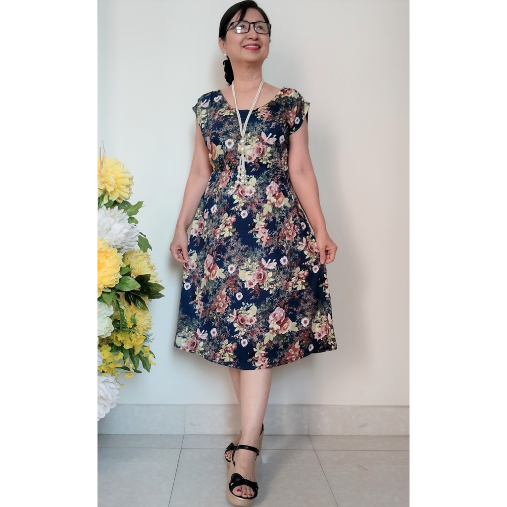 Váy Đầm Trung Niên Thun Eo Hoa Đẹp, Chất vải Thun Aty Chéo Mềm Mỏng, Có Túi, Size từ 48KG - 68KG | BigBuy360 - bigbuy360.vn