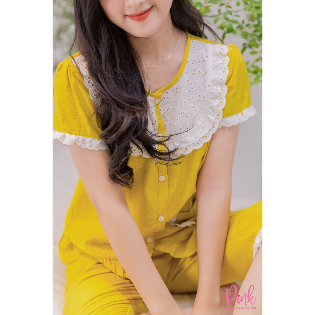 Bộ Pijama Nữ Màu Vàng Tay Ngắn Vải Đũi Chất Lượng Mềm Mịn Mát Đồ Ngủ Dễ Thương Nữ Tính Trẻ Trung Phong Cách Hàn Quốc