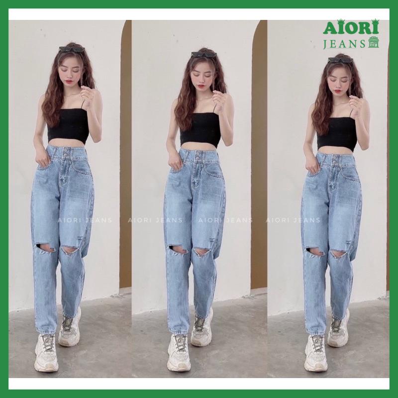 Quần Jeans Nữ, Quần Baggy Lưng Cao 2 Nút Bò Rách Gối Phong Cách Thời Trang Jeans Cotton Thoáng Mát, Mềm Mịn_ Mã 51