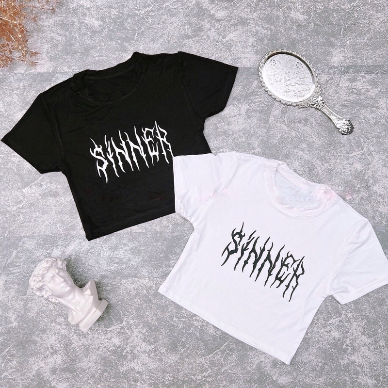 Áo Croptop Tay Ngắn Hoạ Tiết In Chữ Sinner Tôn Dáng Body