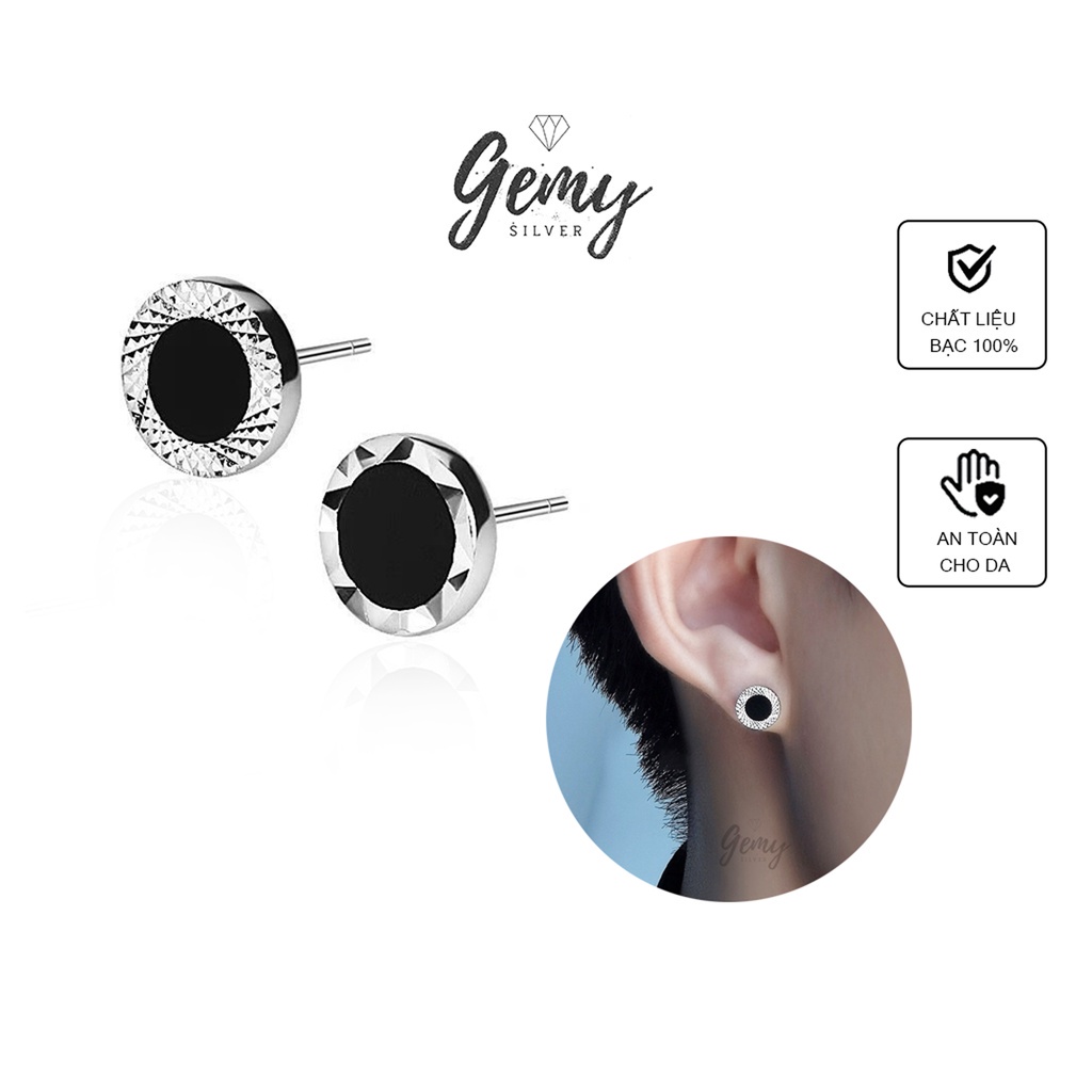 Khuyên tai tròn nam bạc mặt đá đen khắc viền unisex Black Shark (1 chiếc) | GEMY SILVER KN41