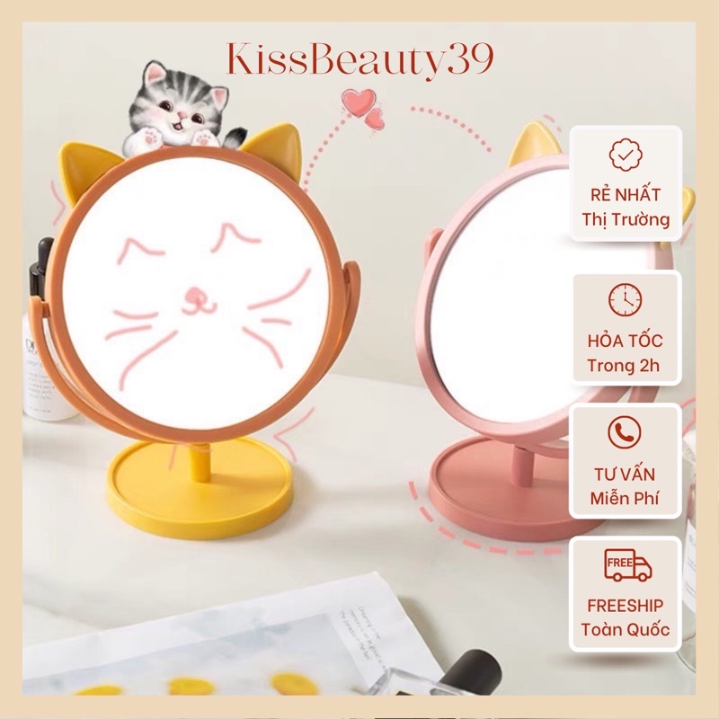 Gương để bàn tai mèo xoay 360 độ - Gương phối màu cute Nội địa Trung