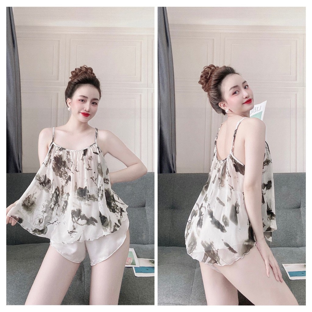 Bộ Đồ Ngủ 2 Dây, Đồ Ngủ Sexy 2s Áo Chiffon phối Quần Satin Cao Cấp, Freesize &lt; 58kg