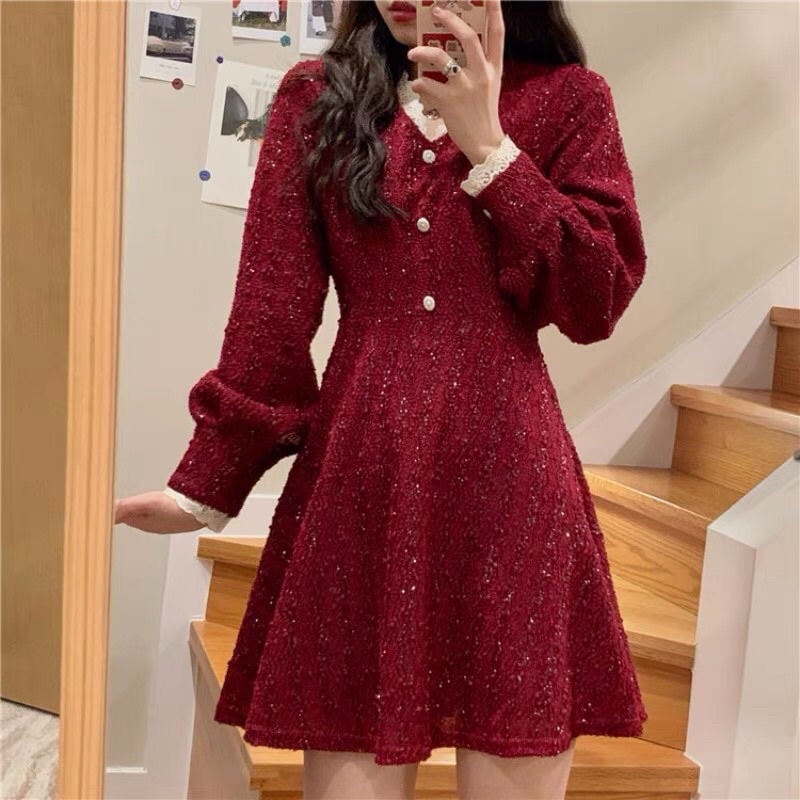 Váy vintage tiểu thư màu đỏ ngày Tết/ Váy diện Tết truyền thống hot trend