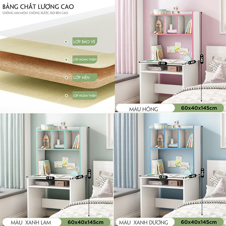 Bàn học cho bé, Bàn học sinh kèm giá sách kích thước 60*40*145cm có ngăn kéo