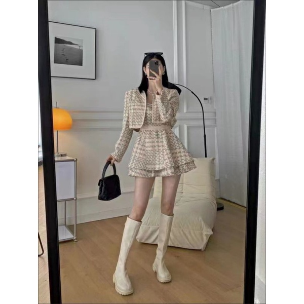 Set Dạ Tweed Áo khoác và Váy Bồng 2 Tầng