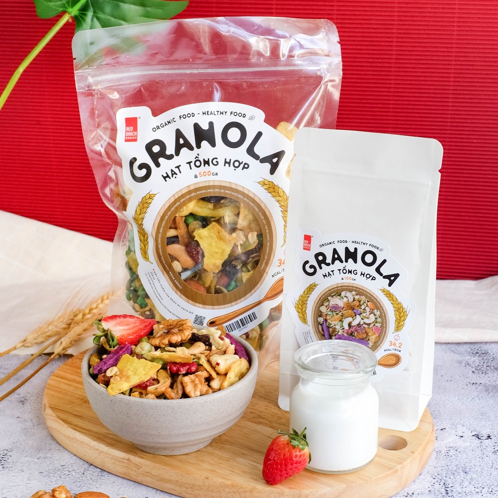 Granola Cao Cấp Mix 12 Loại Hạt Thương Hiệu Gạch Đỏ 500G Óc Chó Macca Ít Yến Mạch