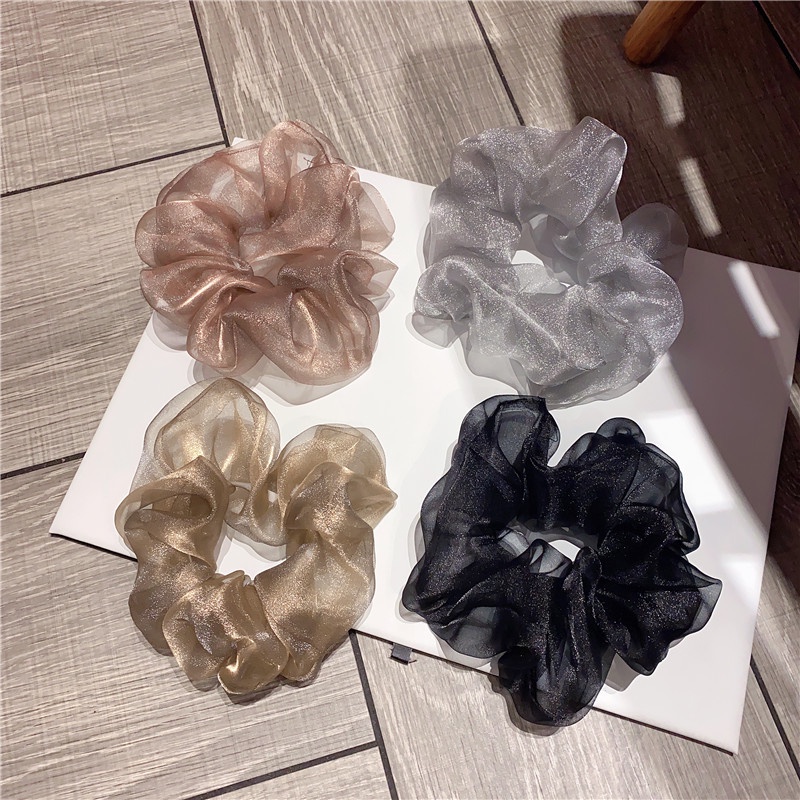 Dây cột buộc tóc scrunchies màu trơn phối lưới vải voan hot trend Hàn Quốc